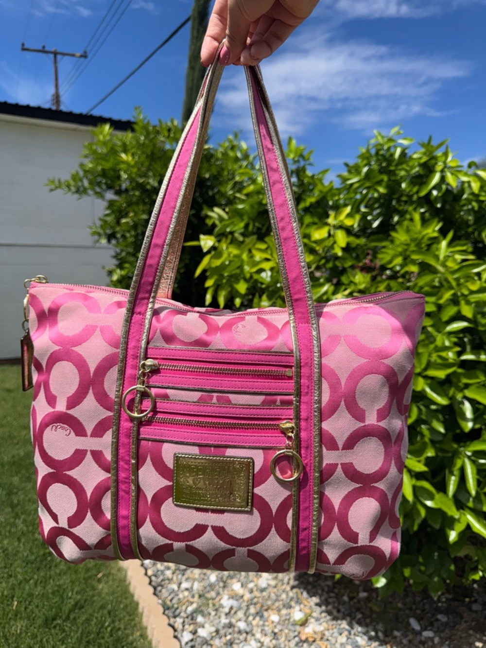 Y2K Coach Poppy Op Art Pink Signature Jacquard Tote Shoulder Bag Purse #13826 - Picture 9 of 17